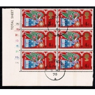 1969 Christmas 5d. Fine Used cylinder block of six 3½mm band. SG 812b