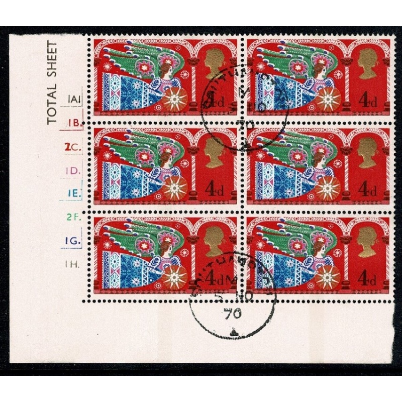 1969 Christmas 5d. Fine Used cylinder block of six 3½mm band. SG 812b