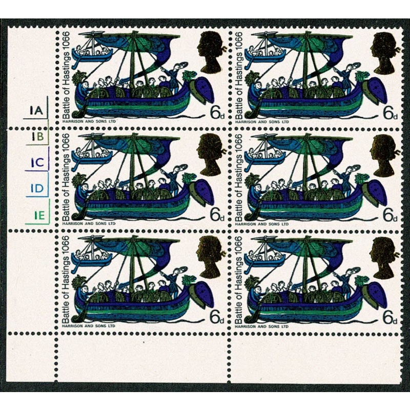 1966 Hastings 6d (ord). Cyl 1A 1B 1C 1D 1E no dot  block of 6. (Yellowish gold head)