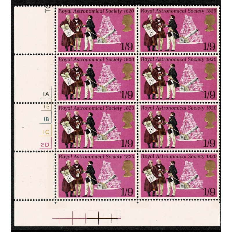 1970 General Anniversaries 1/9 Cylinder 1A 1E 1B 1C 2D p2 no dot block of 8. SG 823