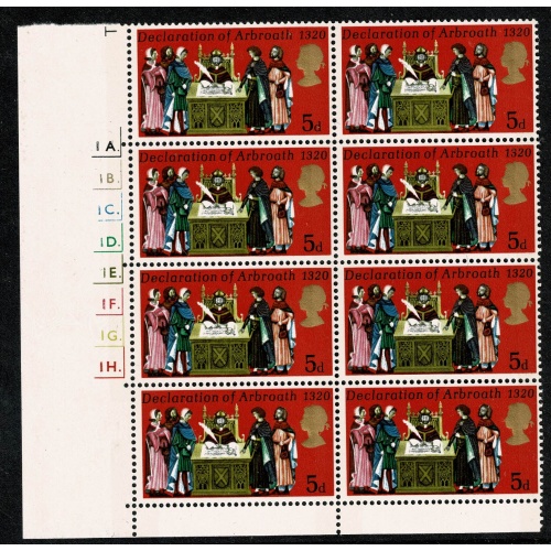 1970 General Anniversaries 5d Cylinder 1A 1B 1C 1D 1E 1F 1G 1H p1 dot block of 8. SG 819