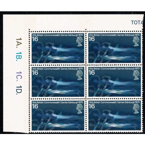 1970 Commonwealth Games 1/6 Cylinder 1A 1B 1C 1D dot block of six. SG 833
