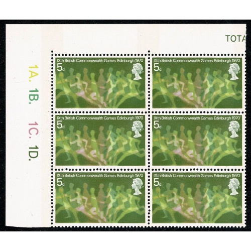1970 Commonwealth Games 5d  Cylinder 1A 1B 1C 1D dot block of six. SG 832