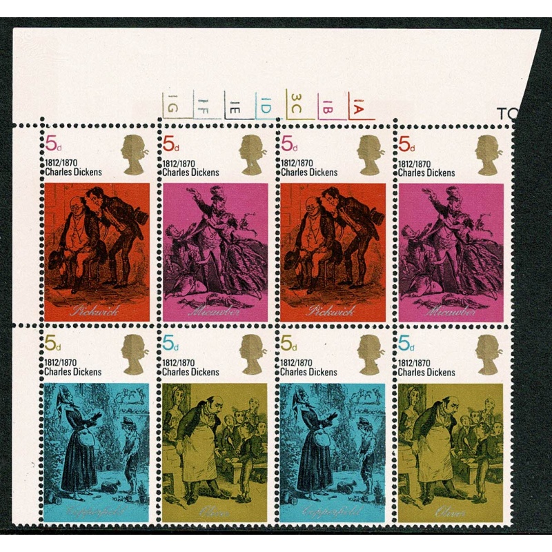 1970 Literary Anniversaries 5d. Cyl. 1A 1B 3C 1D 1E 1F 1G no dot. block of eight