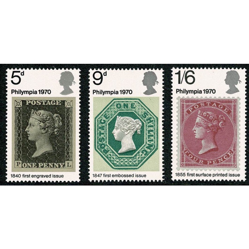 1970 "Philympia". Set of 3 values ALL MISSING PHOSPHOR. SG 835-837y