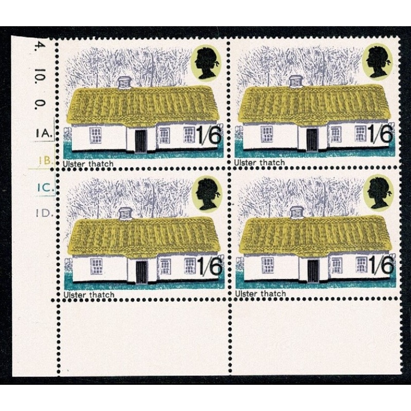 1970 Cottages 1/6. Cyl. 1A 1B 1C 1D dot. block of four. SG 818