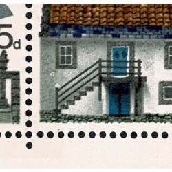 1970 Cottages 5d. Listed minor constant flaw "white patches ion wall by top upright of bannister" SG 815 var