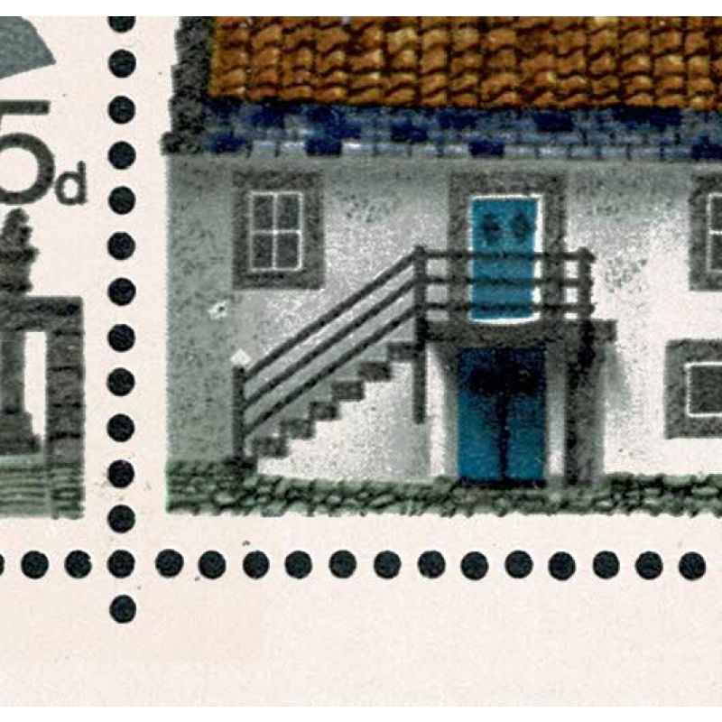 1970 Cottages 5d. Listed minor constant flaw "white patches ion wall by top upright of bannister" SG 815 var