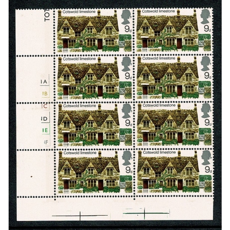 1970 Cottages 9d. Cyl. 1A 1B 1C 1D 1E 1F no dot. block of eight. SG 816