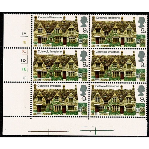 1970 Cottages 9d Cyl. 1A 1B 1C 1D 1E 1F no dot.