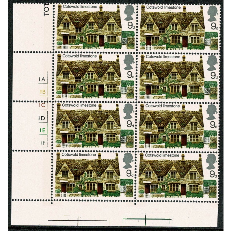 1970 Cottages 9d Cyl. 1A 1B 1C 1D 1E 1F no dot. Block of Eight.