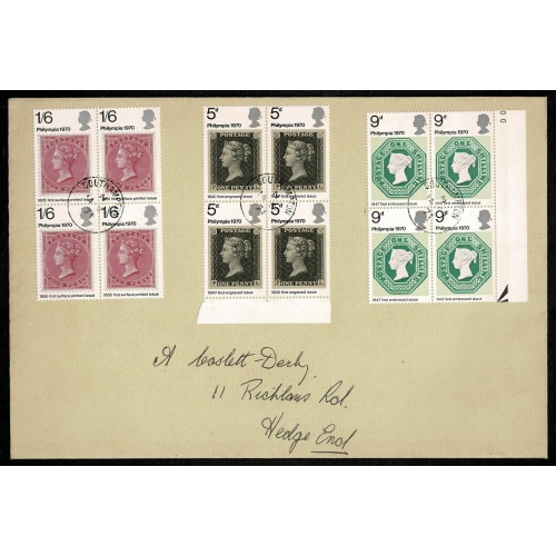1970 "Philympia". Set of 3 values in Fine Used blocks on cover. SG 835-837