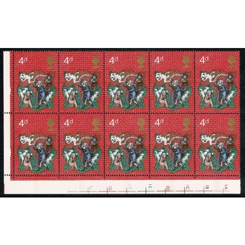 1970 Christmas 4d. Cyl 1A 1B 1D 1E 1F 1G 1J 1C p9 no dot. block of ten
