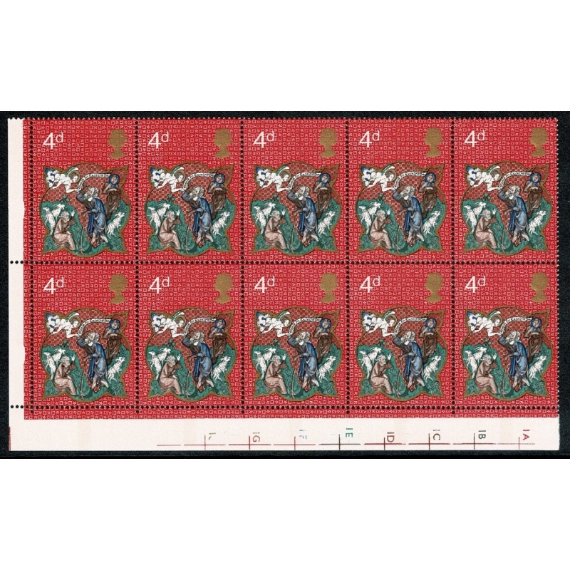 1970 Christmas 4d. Cyl 1A 1B 1D 1E 1F 1G 1J 1C p9 no dot. block of ten