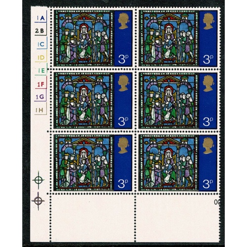 1971 Christmas 3p MISSING PHOSPHOR. Cylinder block of six. SG 895y