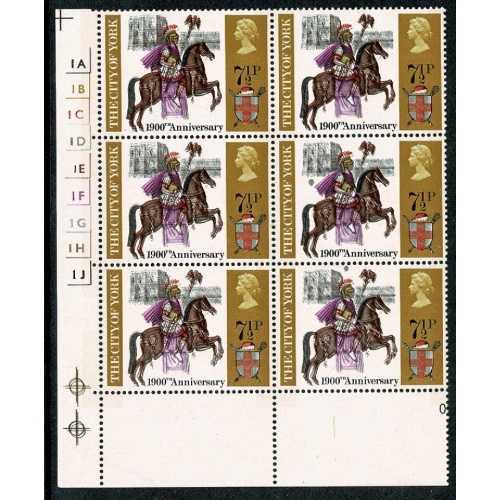 1971 General Anniversaries 7½p. Cylinder 1A 1B 1C 1D 1E 1F 1G 1H 1J p20 block of six. SG 881