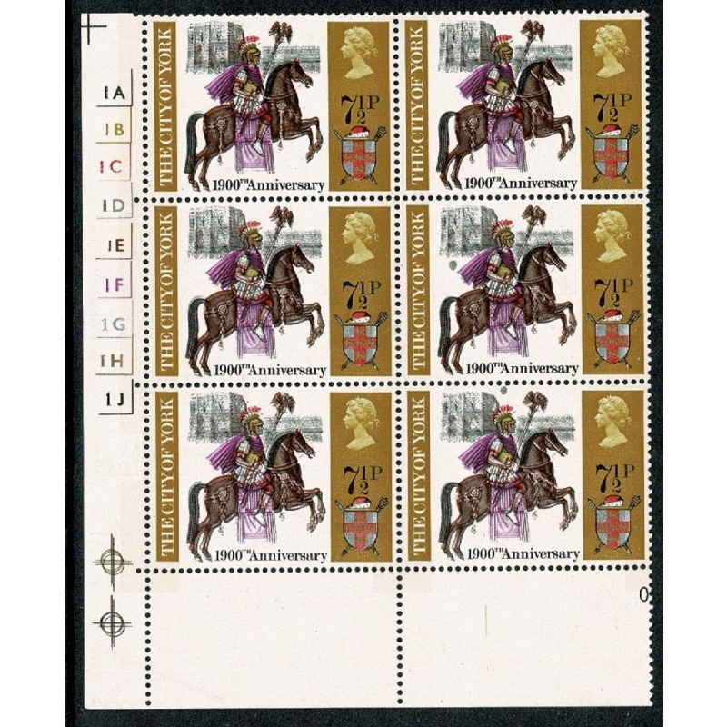 1971 General Anniversaries 7½p. Cylinder 1A 1B 1C 1D 1E 1F 1G 1H 1J p20 block of six. SG 881