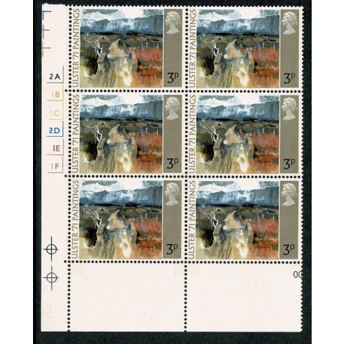 1971 "Ulster" Paintings 3p. Cylinder 2A 1B 1C 2D 1E 1F p14 block of six. SG 881