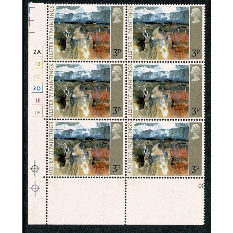 1971 "Ulster" Paintings 3p. Cylinder 2A 1B 1C 2D 1E 1F p14 block of six. SG 881