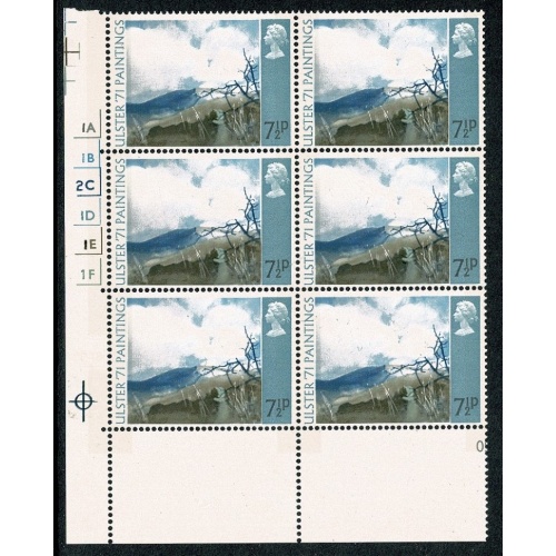 1971 "Ulster" Paintings 7½p. Cylinder 1A 1B 2C 1D 1E 1F p18 block of six. SG 882