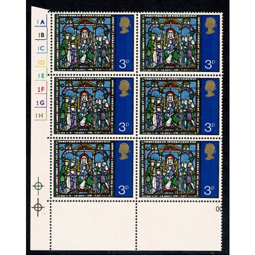 1971 Christmas 3p. Cyl. 1A 1B 1C 1D 1E 1F 1G 1H P15 No dot block of six SG 895