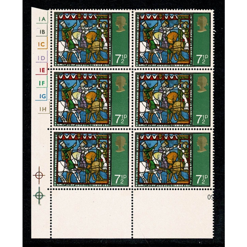 1971 Christmas 7½p. Cyl. 1A 1B 1C 1D 1E 1F 1G 1H P16 No dot block of six SG 896