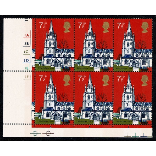 1972 Churches 7½p Cyl. 1A 2B 1C 1D 1E 1F p25 no dot block. SG 907