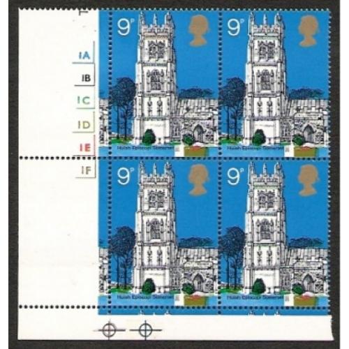 1972 Churches 9p. Cylinder block of four MISSING PHOSPHOR.