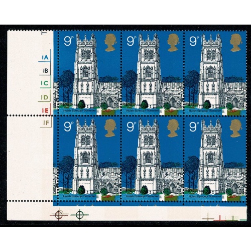 1972 Churches 9p Cyl. 1A 1B 1C 1D 1E 1F p25 no dot block. SG 908