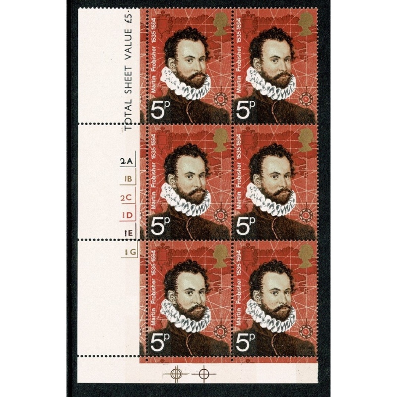 1972 Polar Explorers 5p. Cyl. 2A 1B 2C 1D 1E 1G 1J p24 no dot block of six. SG 898