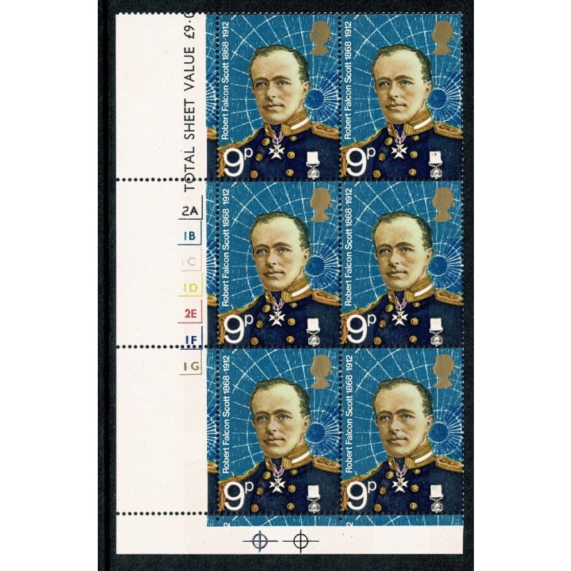 1972 Polar Explorers 9p. Cyl. 2A 1B 1C 1D 2E 1F 1G p24 no dot block of six. SG 900
