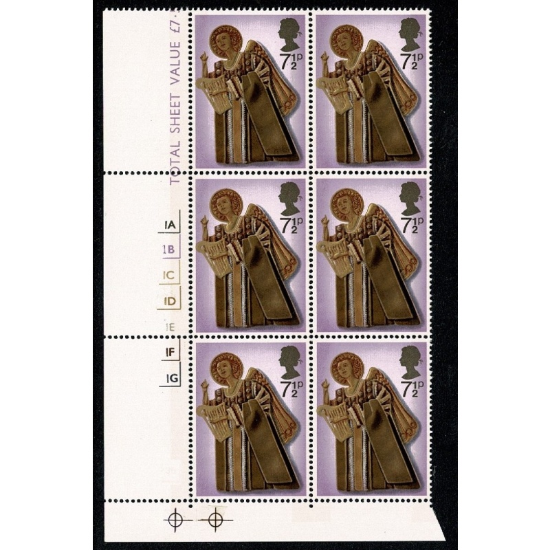1972 Christmas 7½p. Cyl. 1A 1B 1C 1D 1E 1F 1G p35 no dot block of six.  SG 915