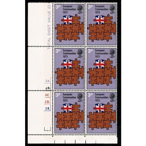 1973 European Communities 3p. Cyl. 3A 4B 3C 2D 2E p40 dot block of six. SG 919