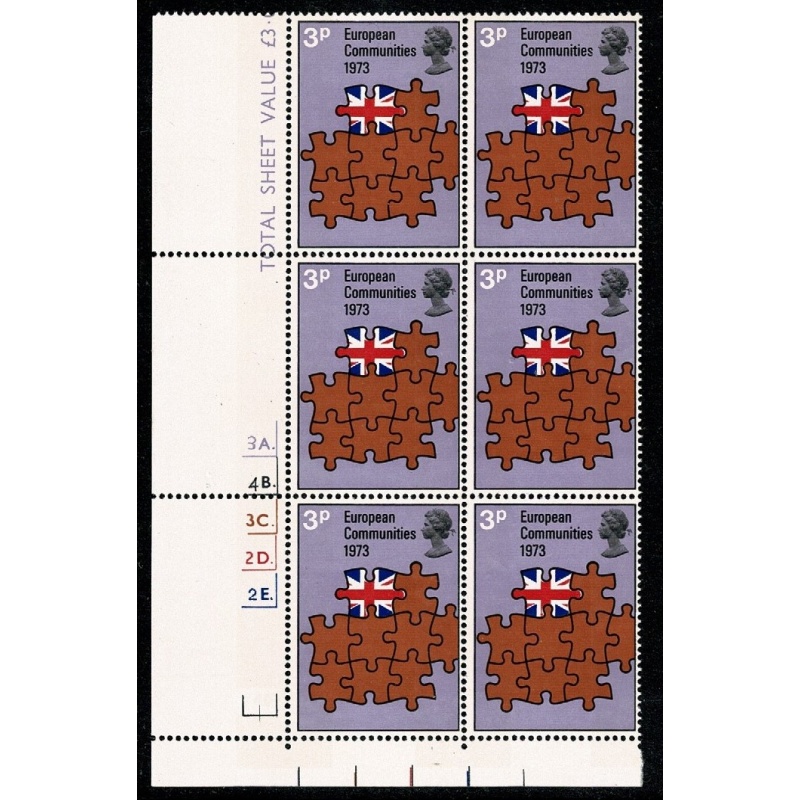 1973 European Communities 3p. Cyl. 3A 4B 3C 2D 2E p40 dot block of six. SG 919