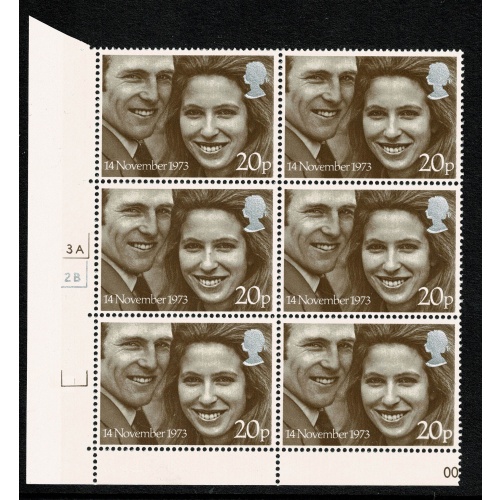 1973 Royal Wedding 20p. Cylinder 3A 2B p50 no dot block of six. SG 942