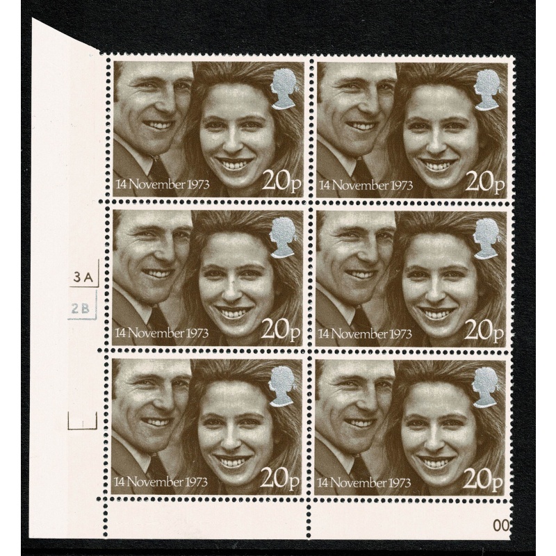 1973 Royal Wedding 20p. Cylinder 3A 2B p50 no dot block of six. SG 942