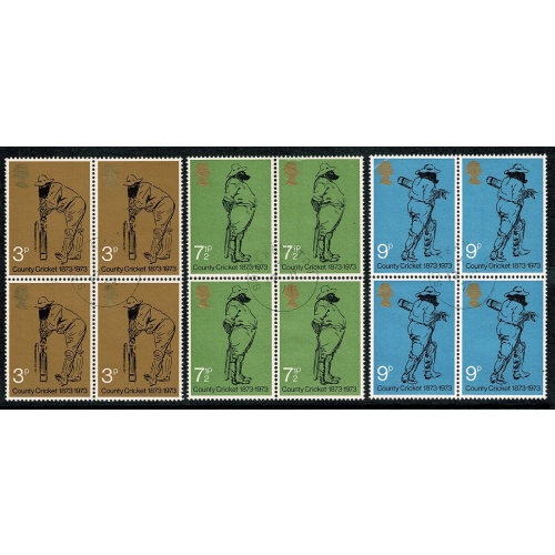 1973 Cricket. Set of 3 values. Fine Used blocks of four. SG 928-930