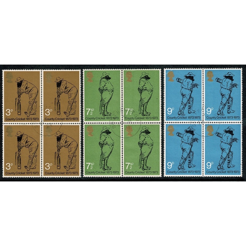 1973 Cricket. Set of 3 values. Fine Used blocks of four. SG 928-930