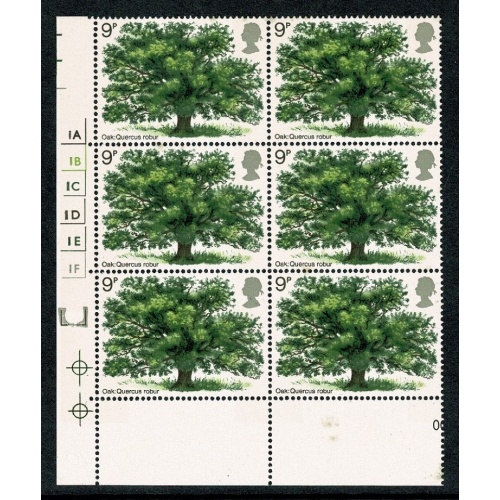 1973 Tree 9p. Cyl. 1A 1B 1C 1D 1E 1F  no dot block of six. Contains listed variety "broken k" SG 922