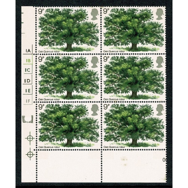 1973 Tree 9p. Cyl. 1A 1B 1C 1D 1E 1F  no dot block of six. Contains listed variety "broken k" SG 922