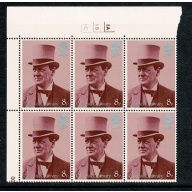 1974 Churchill 8p (PVAD) Cyl. 1A 1B 1C no dot block of six. SG 964