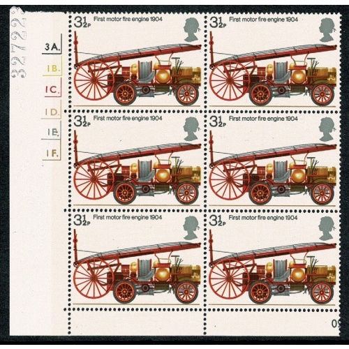 1974 Fire Service 3½p. Cyl. 3A 1B 1C 1D 1E 1F dot block of six.  SG 950
