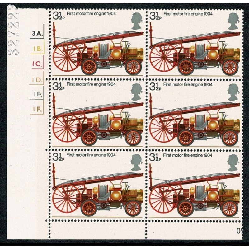 1974 Fire Service 3½p. Cyl. 3A 1B 1C 1D 1E 1F dot block of six.  SG 950