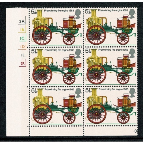 1974 Fire Service 5½p. Cyl. 3A 1B 1C 1D 1E 2F p57 dot block of six.  SG 951