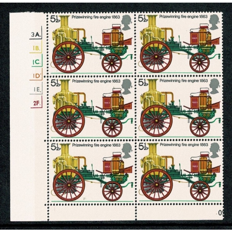 1974 Fire Service 5½p. Cyl. 3A 1B 1C 1D 1E 2F p57 dot block of six.  SG 951