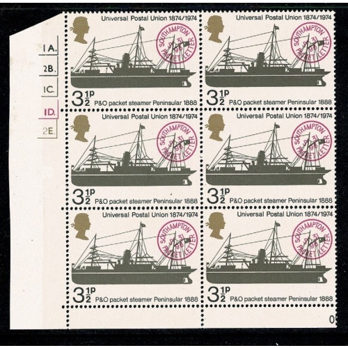 1974 Universal Postal Union 3½p. Cyl. 1A 2B 1C 1D 2E dot block of six. SG 954