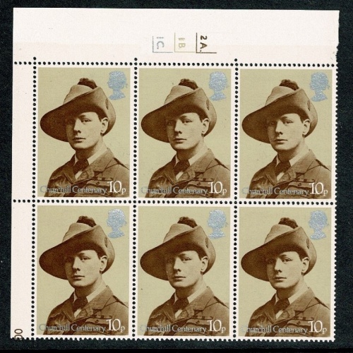 1974 Churchill 10p Cyl. 2A 1B 1C dot block of six. SG 965