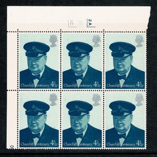 1974 Churchill 4½p Cyl. 2A 1B 1C no dot block of six. SG 962
