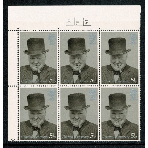 1974 Churchill 5½p Cyl. 1A 1B 1C dot block of six. SG 963