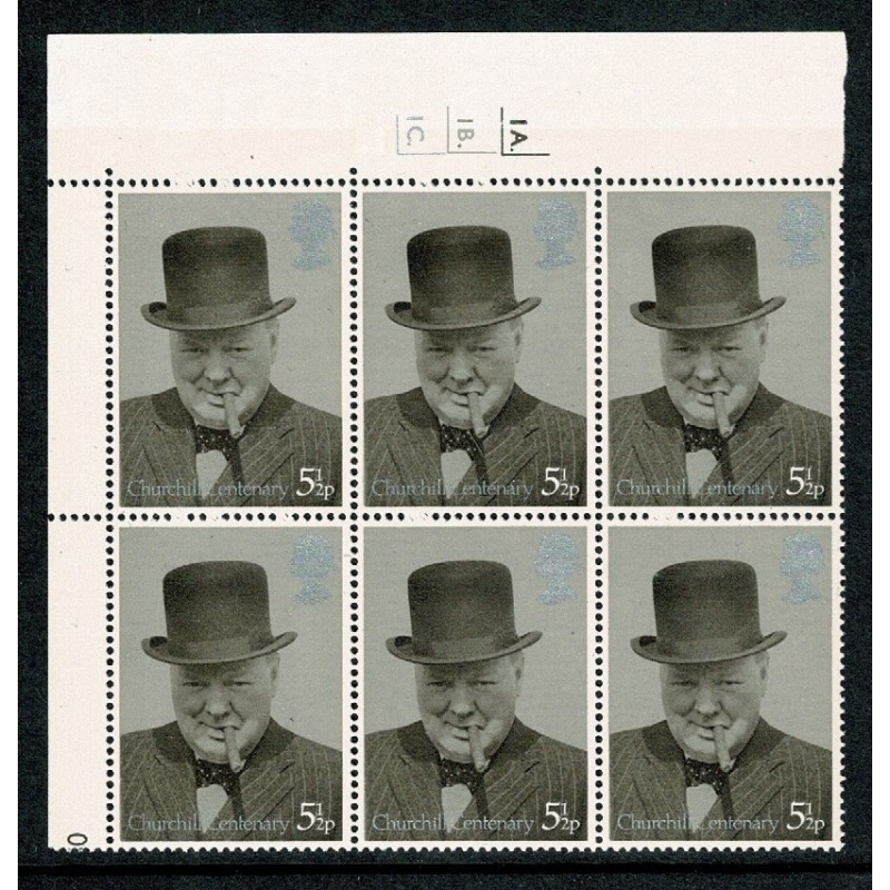 1974 Churchill 5½p Cyl. 1A 1B 1C dot block of six. SG 963